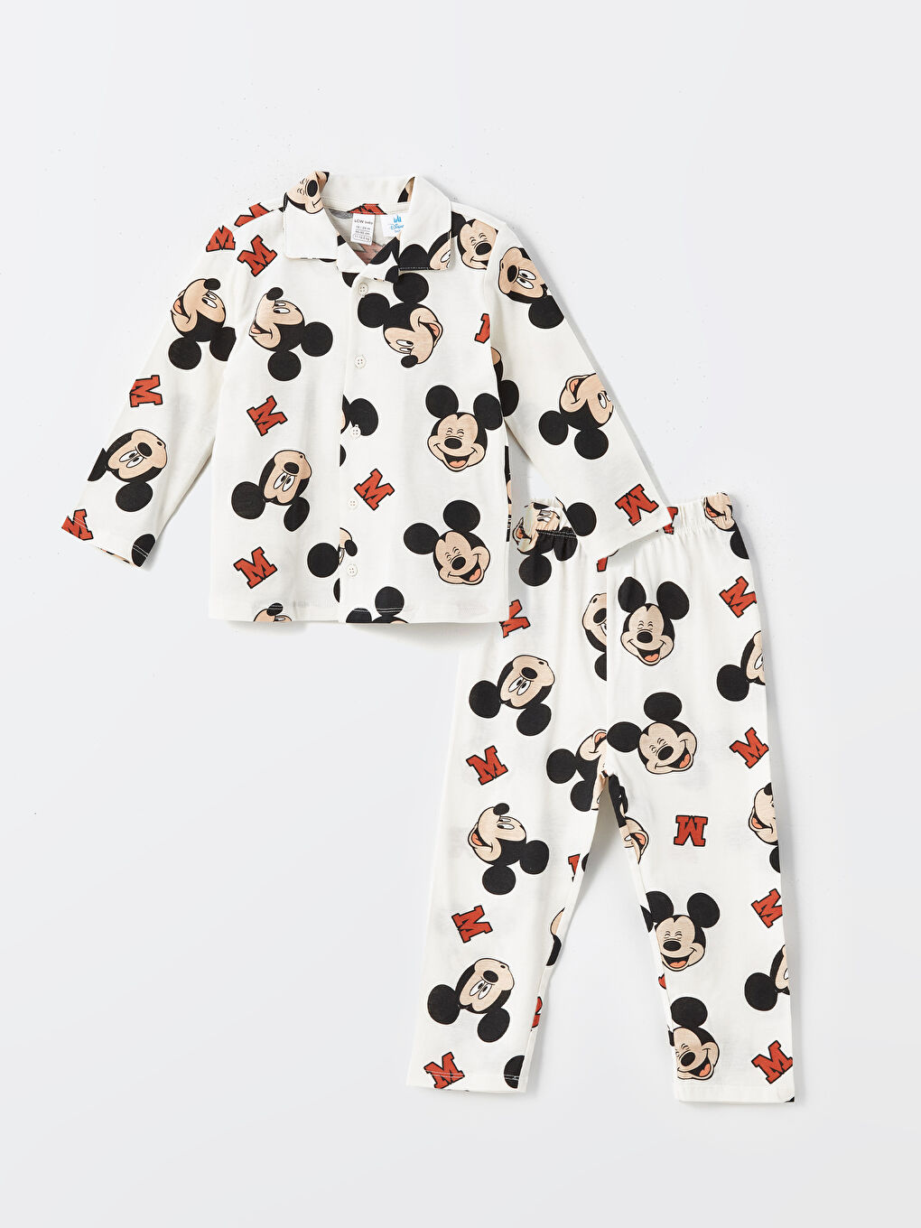 LCW baby Ekru Baskılı Polo Yaka Uzun Kollu Mickey Mouse Baskılı Erkek Bebek Pijama Takımı