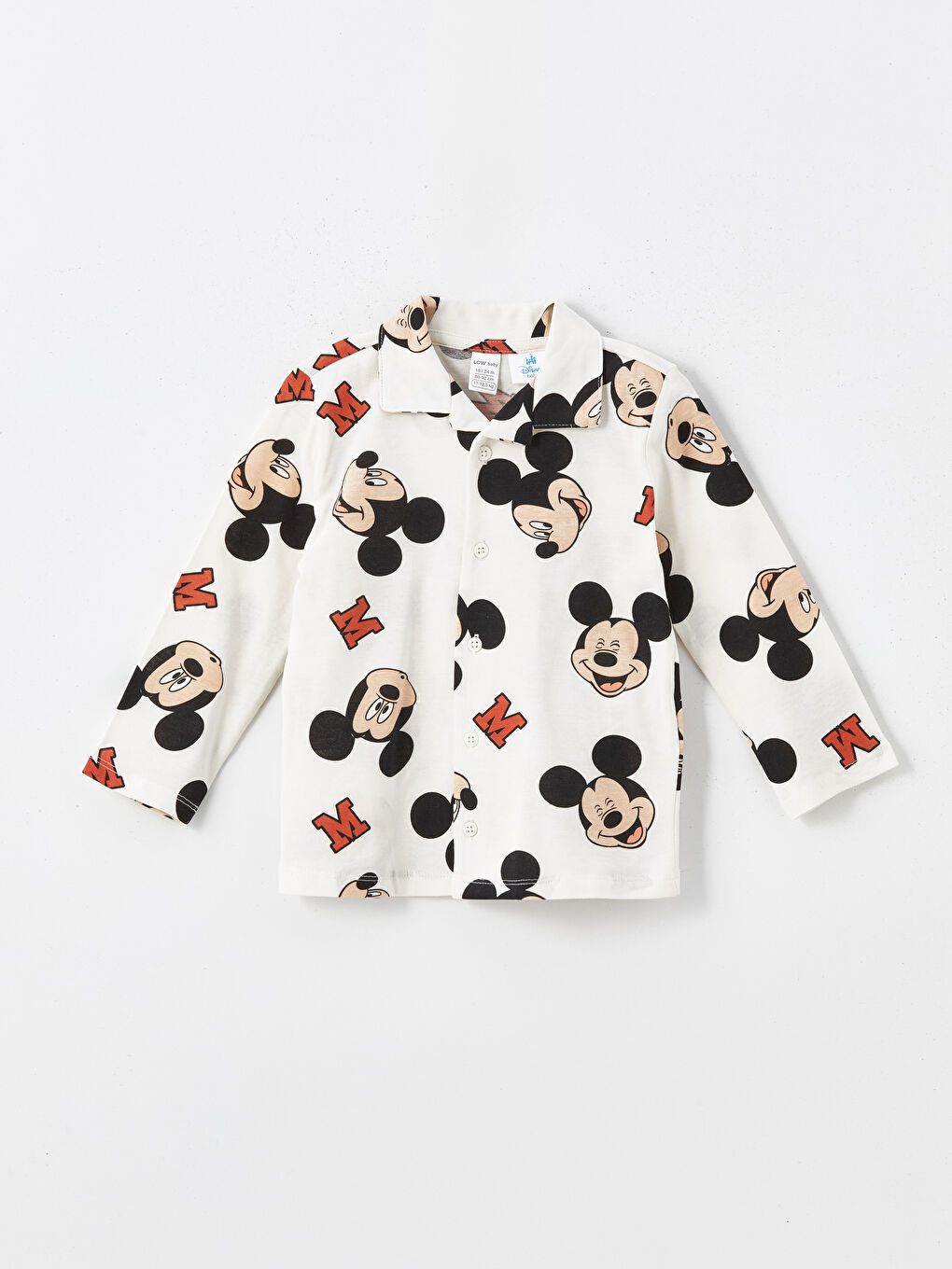 LCW baby Ekru Baskılı Polo Yaka Uzun Kollu Mickey Mouse Baskılı Erkek Bebek Pijama Takımı - 1