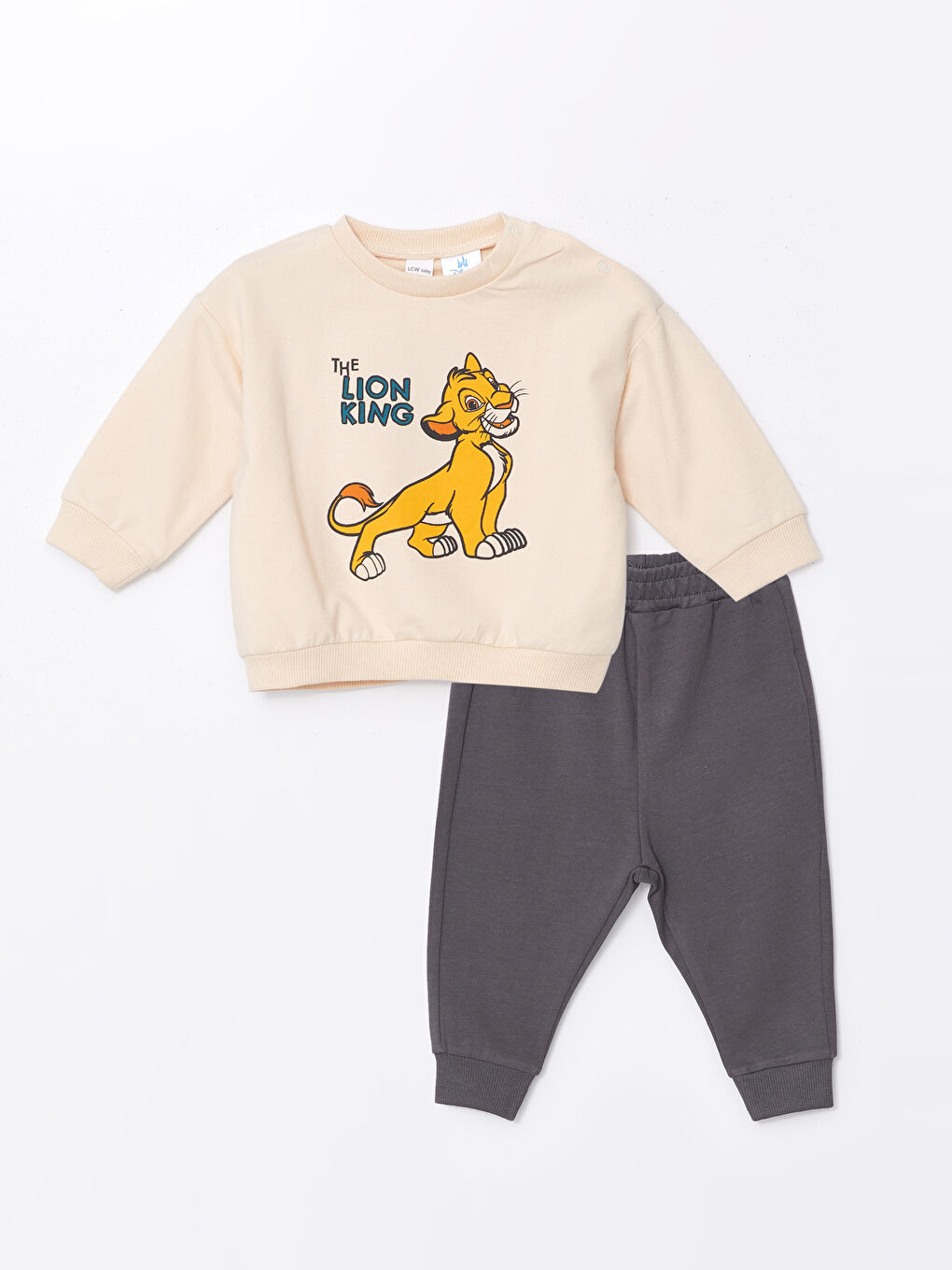 LCW baby Açık Bej Bisiklet Yaka Aslan Kral Baskılı Erkek Bebek Sweatshirt ve Pantolon 2'li Takım