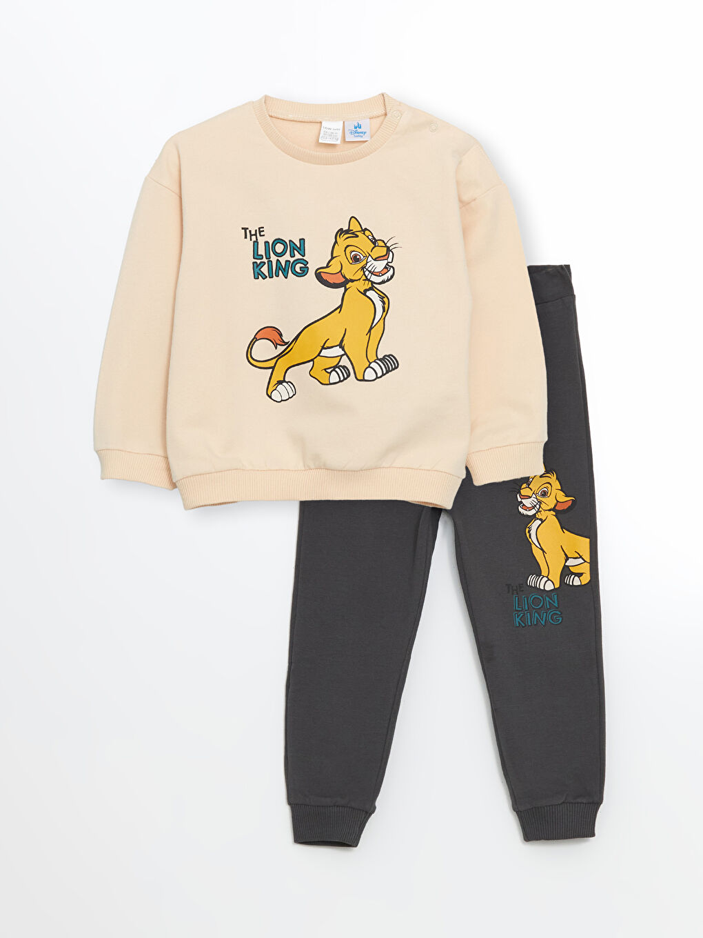 LCW baby Bej Bisiklet Yaka Aslan Kral Baskılı Erkek Bebek Sweatshirt ve Pantolon 2'li Takım