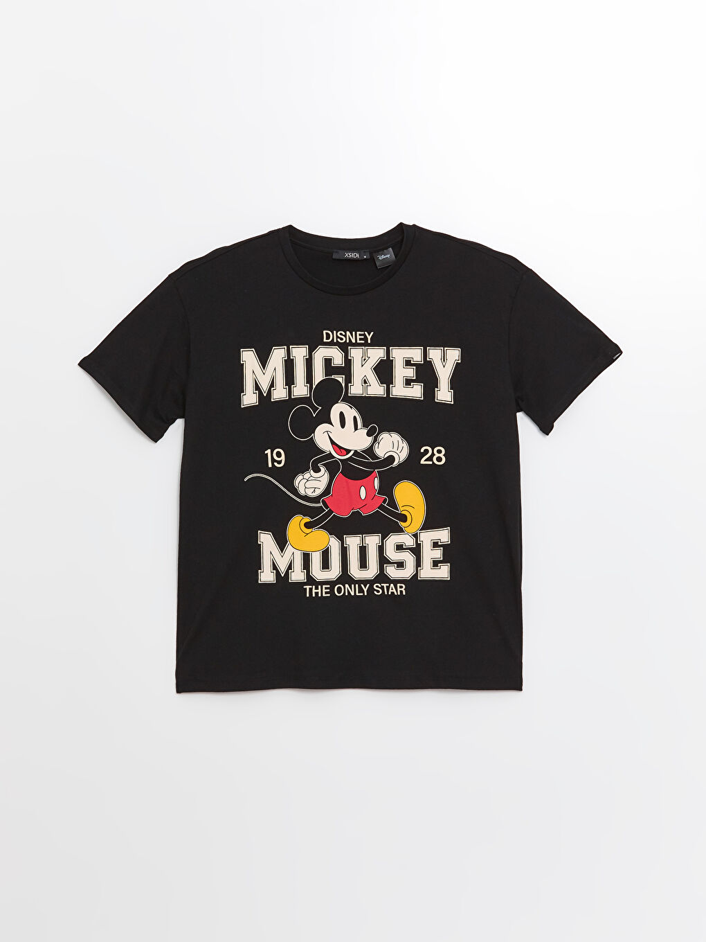 XSIDE Yeni Siyah Bisiklet Yaka Mickey Mouse Baskılı Kısa Kollu Kadın Tişört - 4