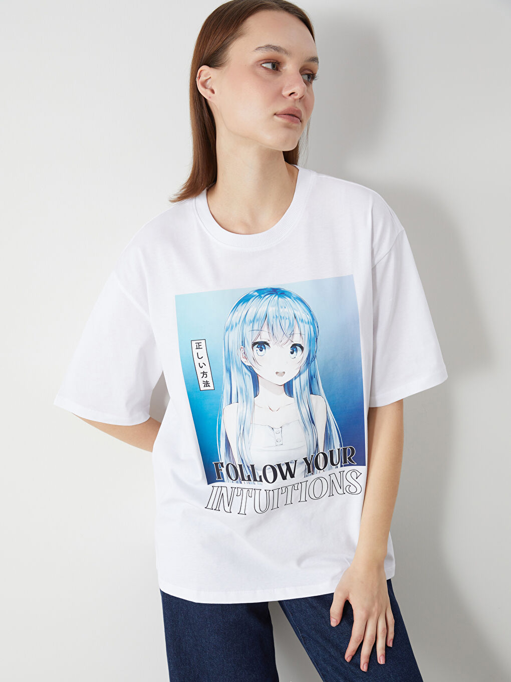 Crew Neck Anime Printed Oversize Women's T-Shirt