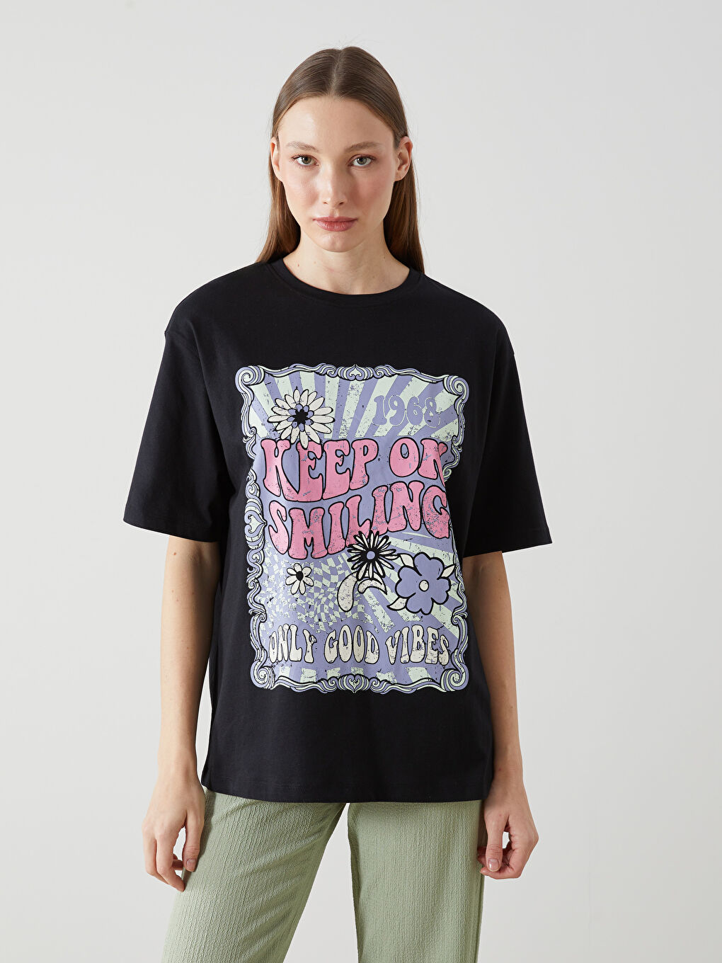 Crew Neck Printed Oversize Women's T-Shirt