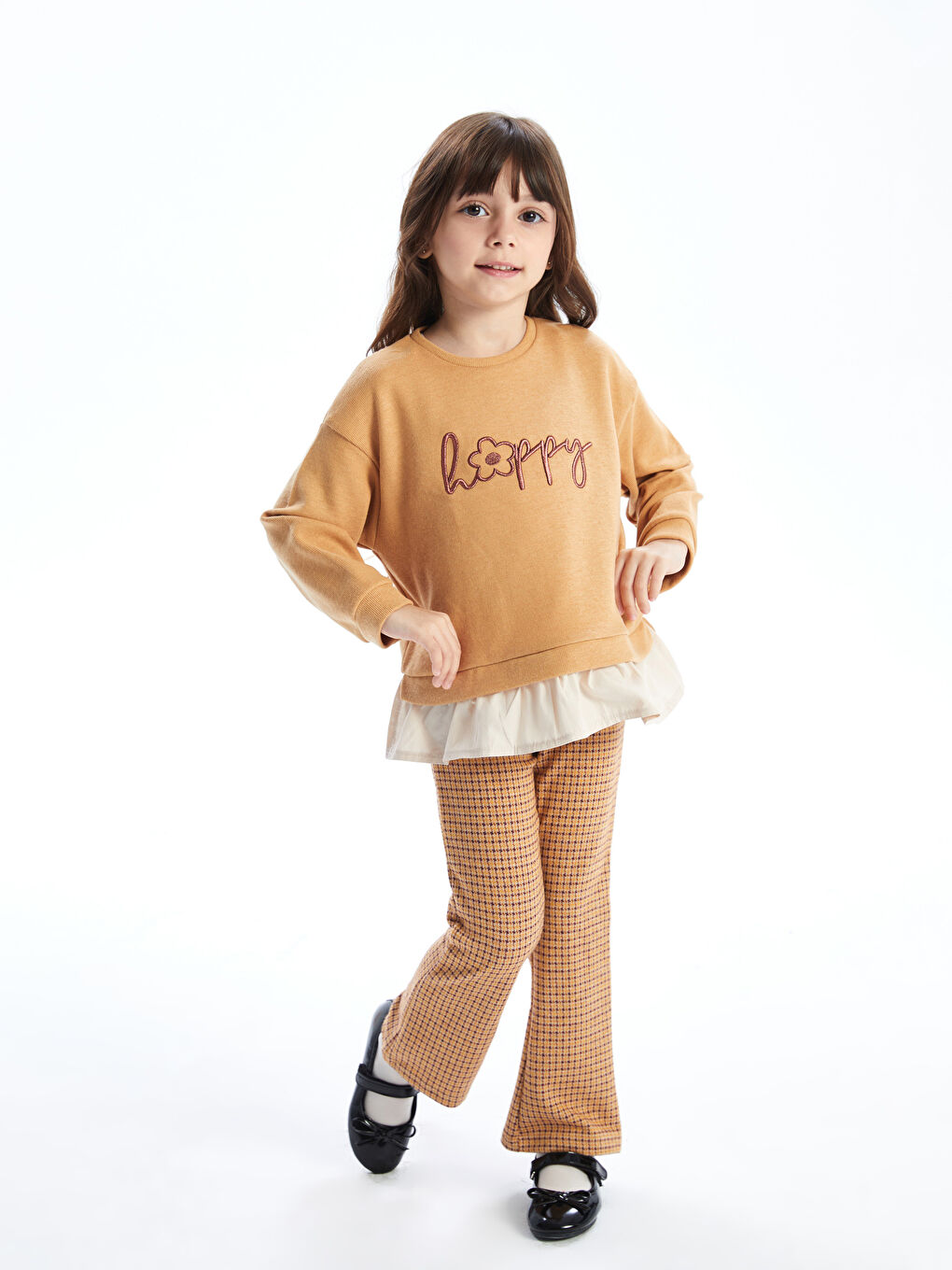 LCW Kids Bej Bisiklet Yaka Nakışlı Kız Çocuk Sweatshirt ve Tayt 2'li