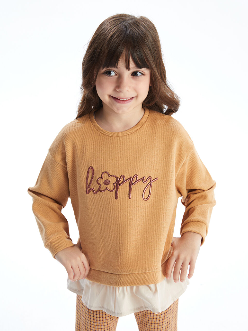 LCW Kids Bej Bisiklet Yaka Nakışlı Kız Çocuk Sweatshirt ve Tayt 2'li - 1