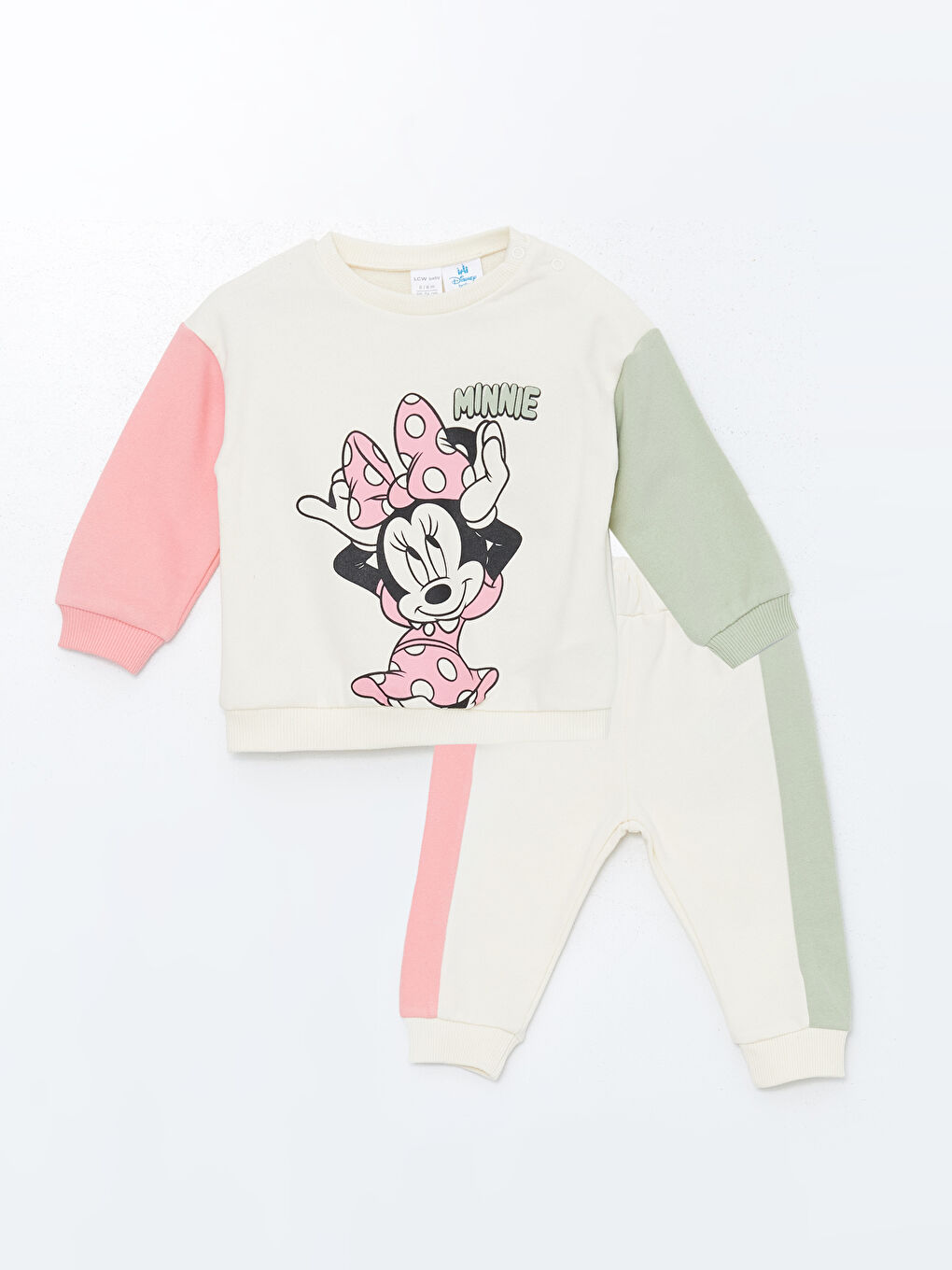 LCW baby Krem Rengi Bisiklet Yaka Minnie Mouse Baskılı Kız Bebek Sweatshirt ve Tayt 2'li Takım