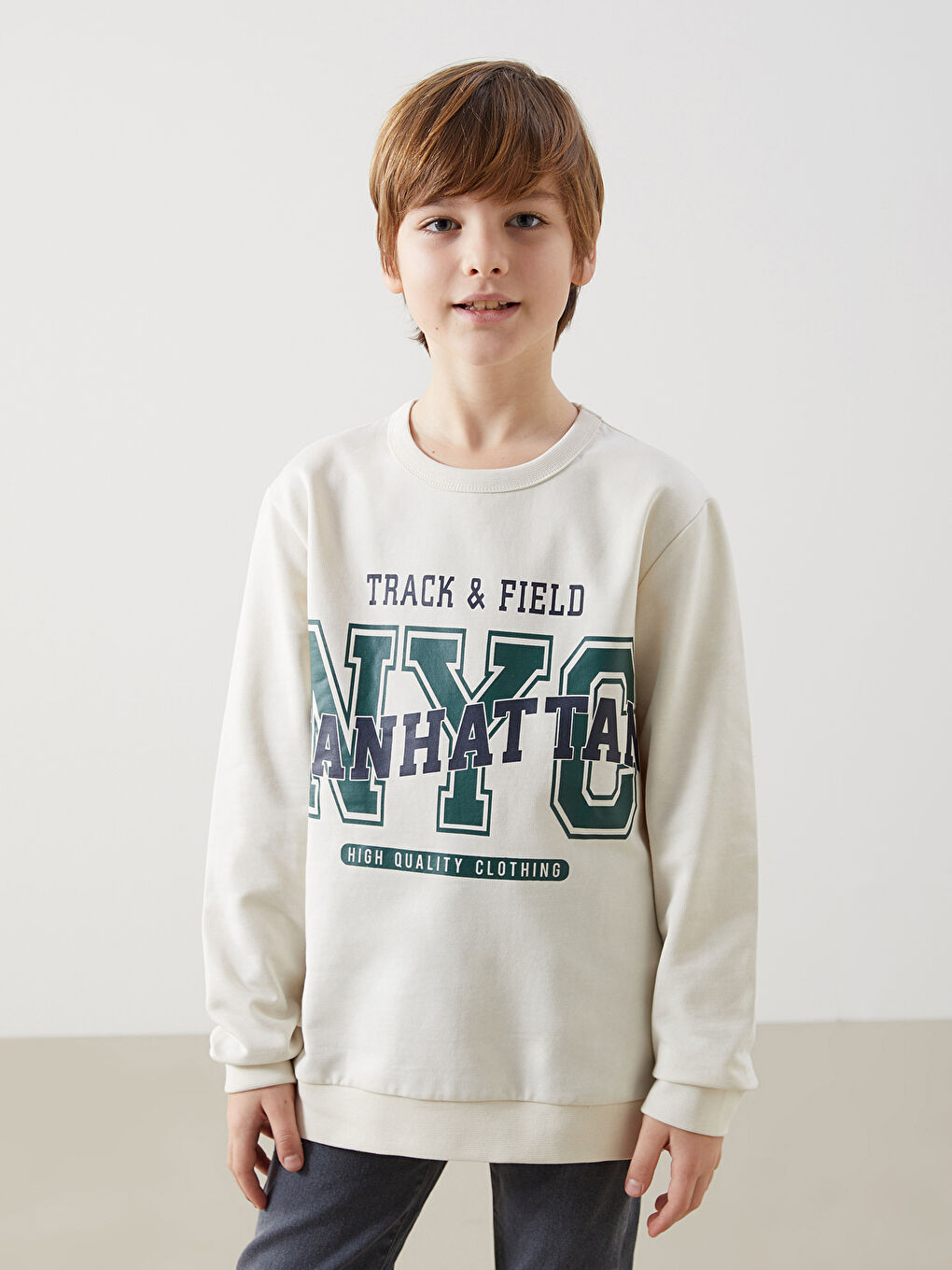 Bej Bisiklet Yaka Erkek Çocuk Sweatshirt