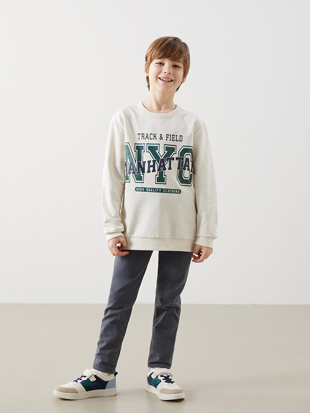 Bej Bisiklet Yaka Erkek Çocuk Sweatshirt-1