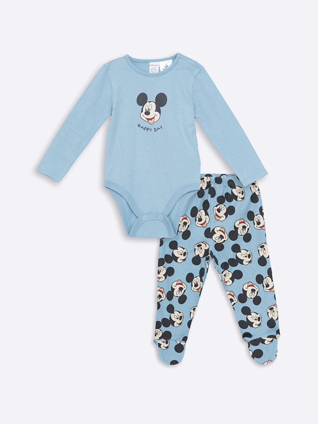 LCW baby Açık Mavi Mickey Mouse Baskılı Erkek Bebek Çıtçıtlı Body ve Pantolon 2'li Takım