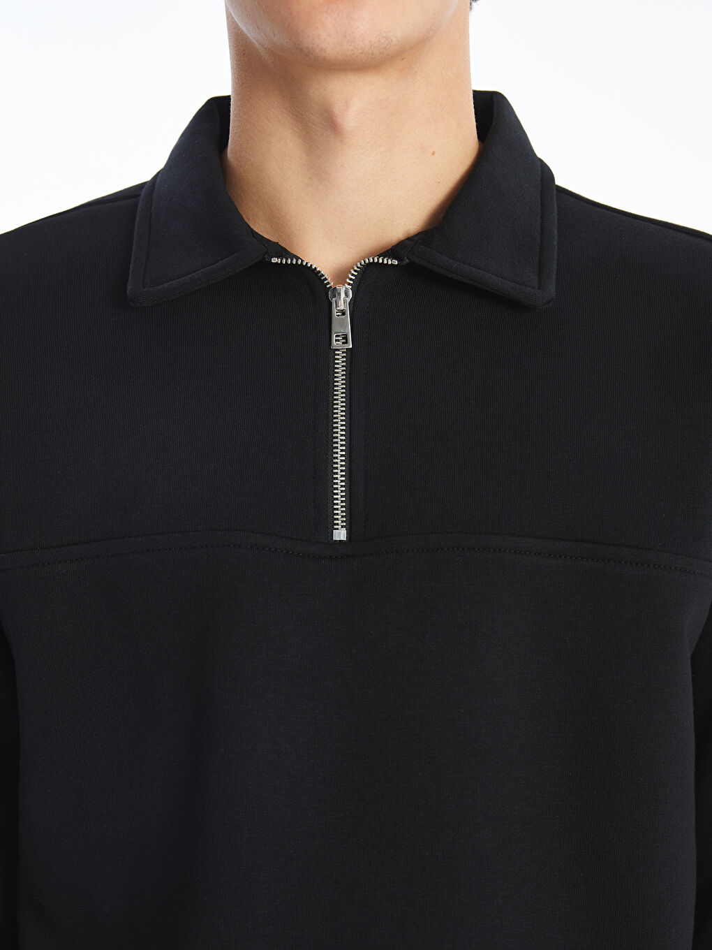 Siyah Standart Kalıp Dik Yaka Erkek Kalın Sweatshirt-2