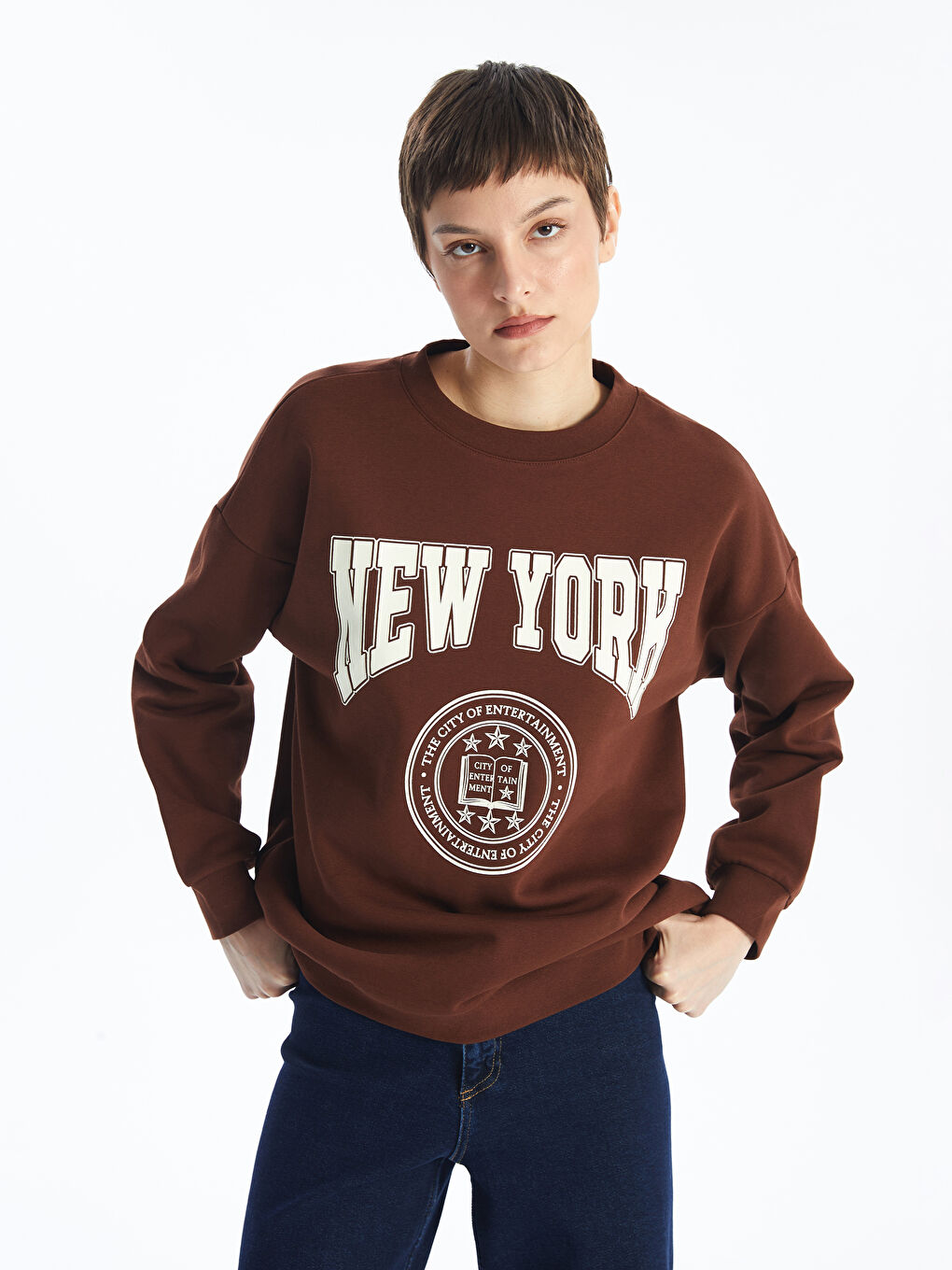 LCW ECO Kahverengi Bisiklet Yaka Baskılı Oversize Kadın Sweatshirt