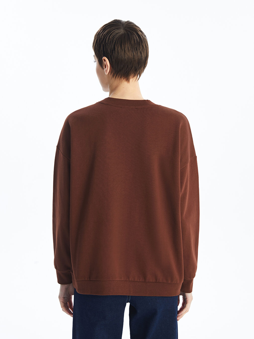 LCW ECO Kahverengi Bisiklet Yaka Baskılı Oversize Kadın Kalın Sweatshirt - 4