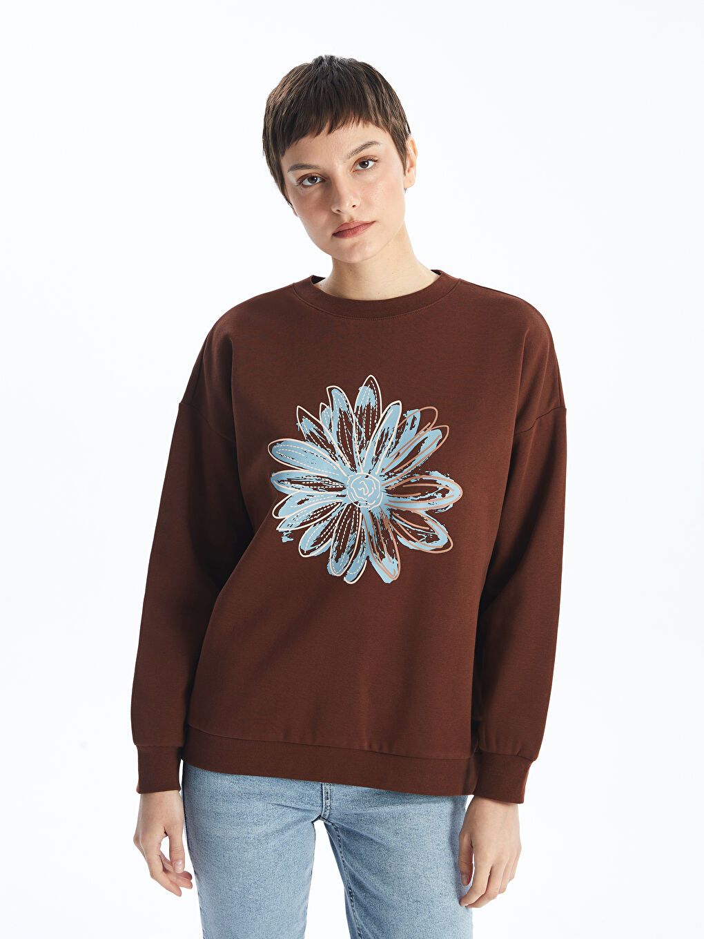 LCW ECO Kahverengi Bisiklet Yaka Baskılı Oversize Kadın Kalın Sweatshirt