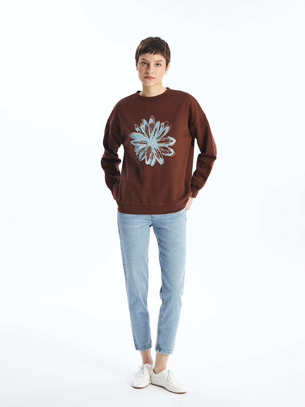 LCW ECO Kahverengi Bisiklet Yaka Baskılı Oversize Kadın Kalın Sweatshirt - 1