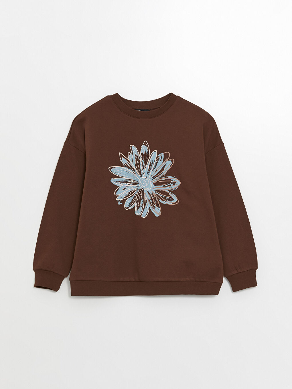 LCW ECO Kahverengi Bisiklet Yaka Baskılı Oversize Kadın Kalın Sweatshirt - 5