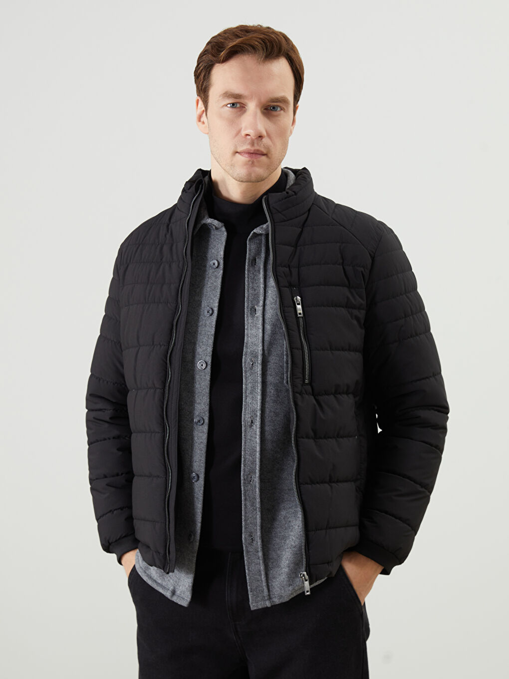 Siyah Standart Kalıp Dik Yaka Erkek Şişme Mont