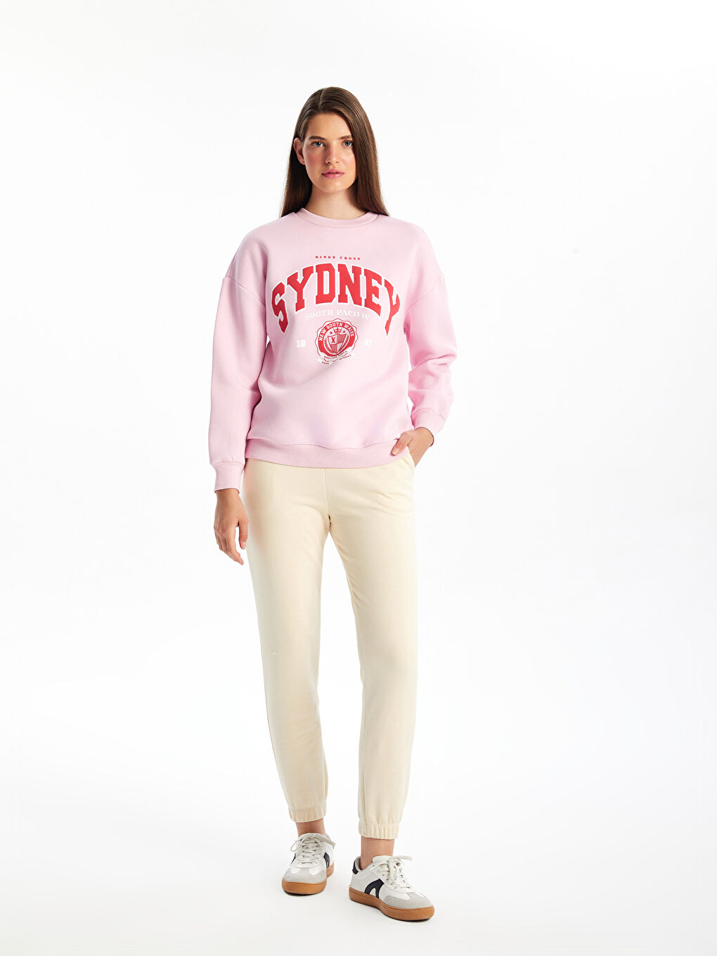 LCW ECO Açık Pembe Bisiklet Yaka Baskılı Oversize Kadın Kalın Sweatshirt