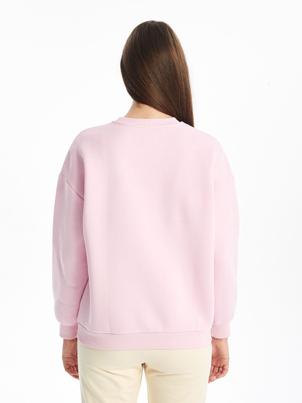 LCW ECO Açık Pembe Bisiklet Yaka Baskılı Oversize Kadın Kalın Sweatshirt - 3