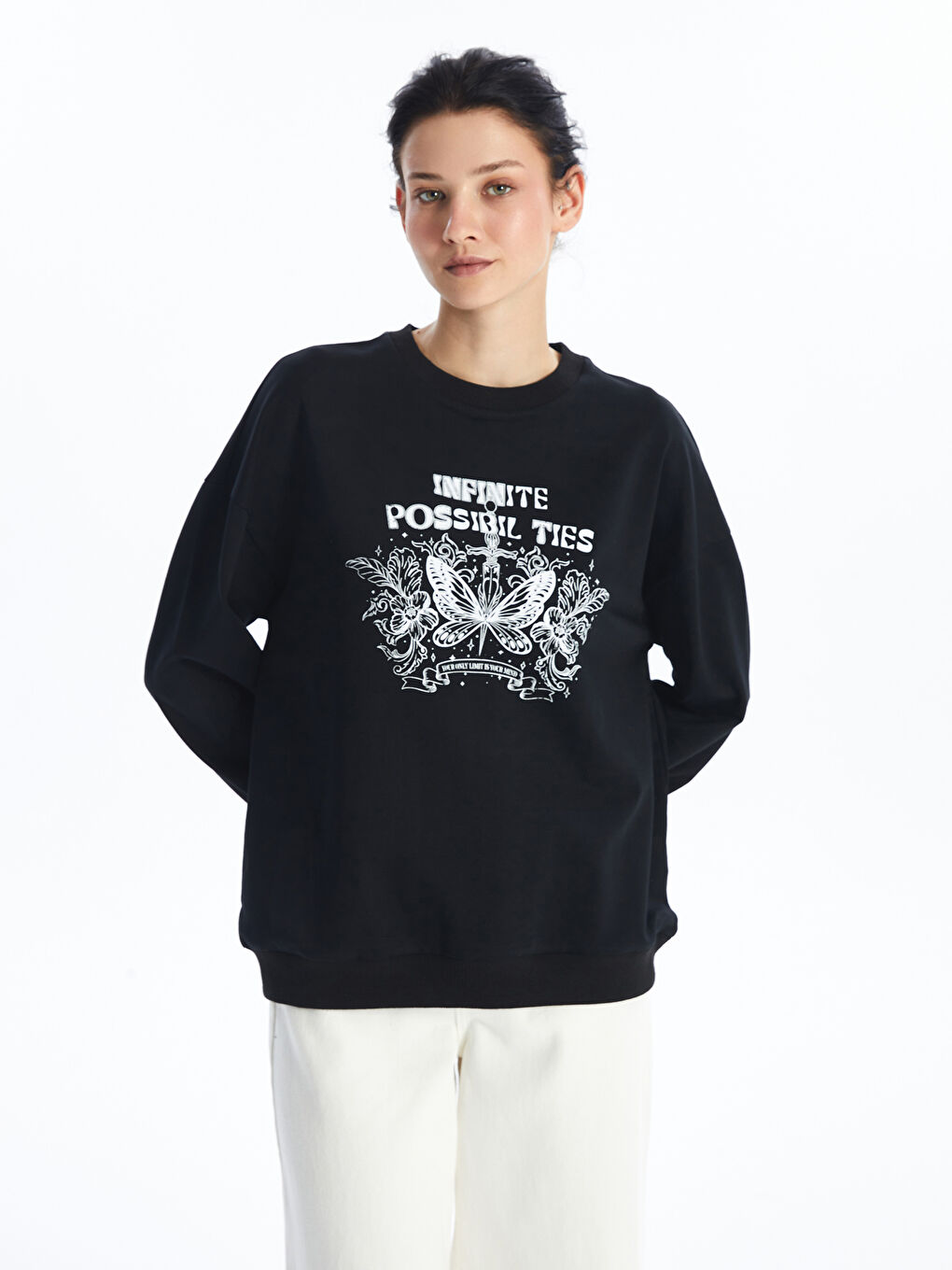 LCW ECO Yeni Siyah Bisiklet Yaka Baskılı Oversize Kadın Sweatshirt