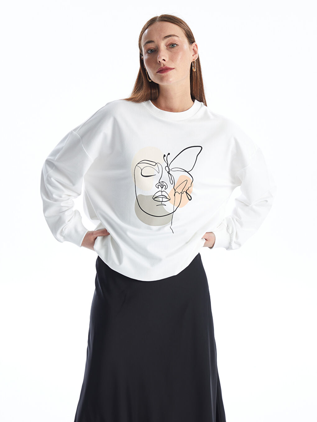 LCW ECO Beyaz Bisiklet Yaka Baskılı Oversize Kadın Sweatshirt - 1