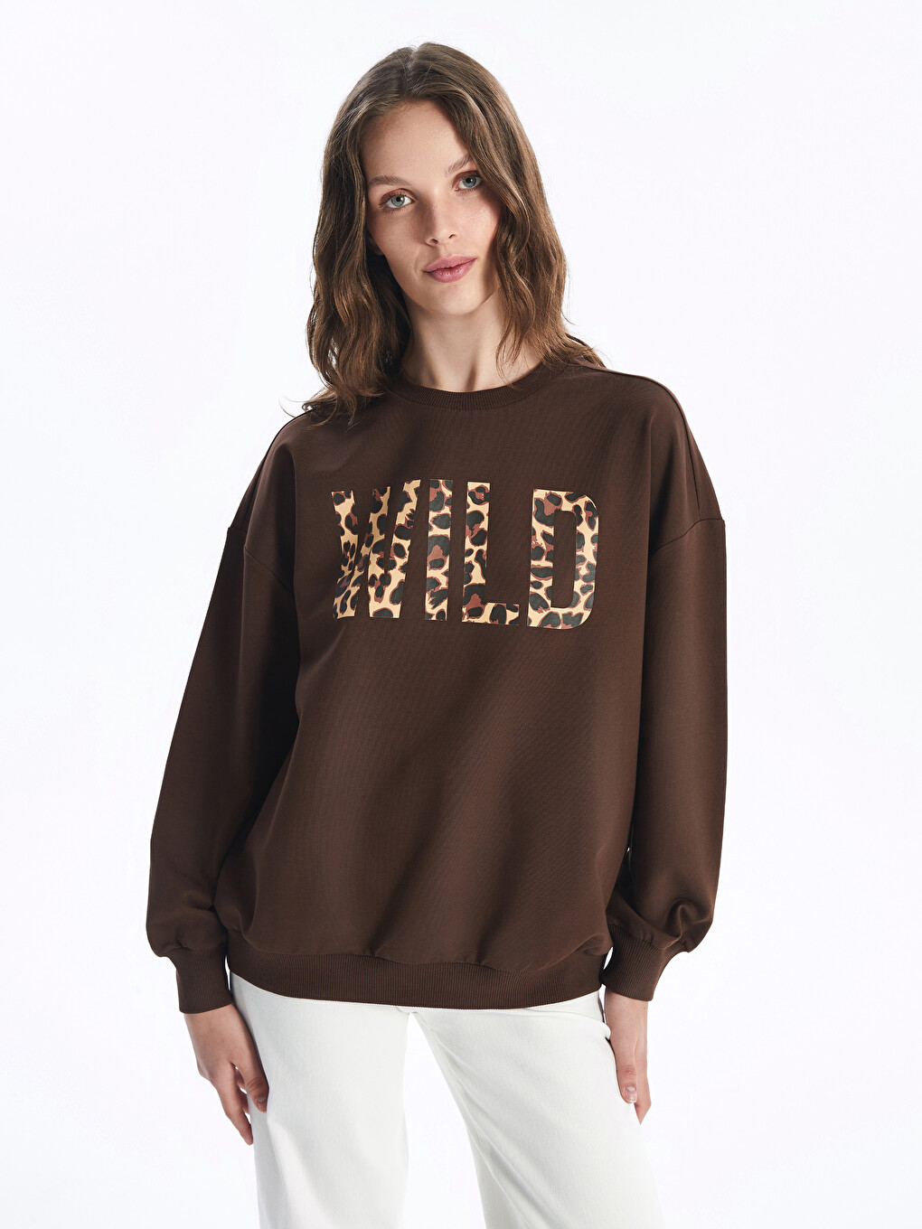 Kahverengi Bisiklet Yaka Baskılı Oversize Kadın Sweatshirt-1