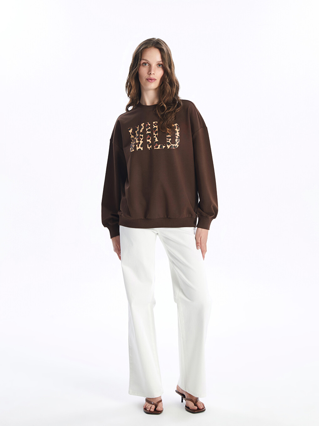 Kahverengi Bisiklet Yaka Baskılı Oversize Kadın Sweatshirt-2