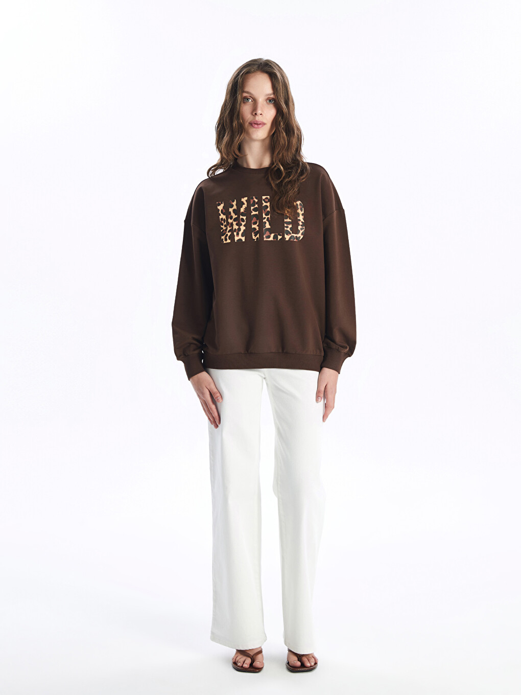 Kahverengi Bisiklet Yaka Baskılı Oversize Kadın Sweatshirt-3