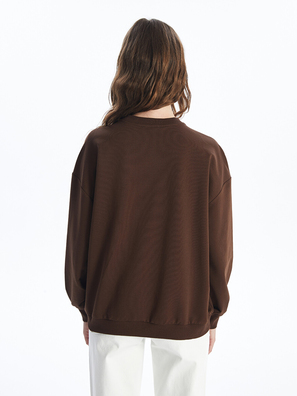 Kahverengi Bisiklet Yaka Baskılı Oversize Kadın Sweatshirt-5