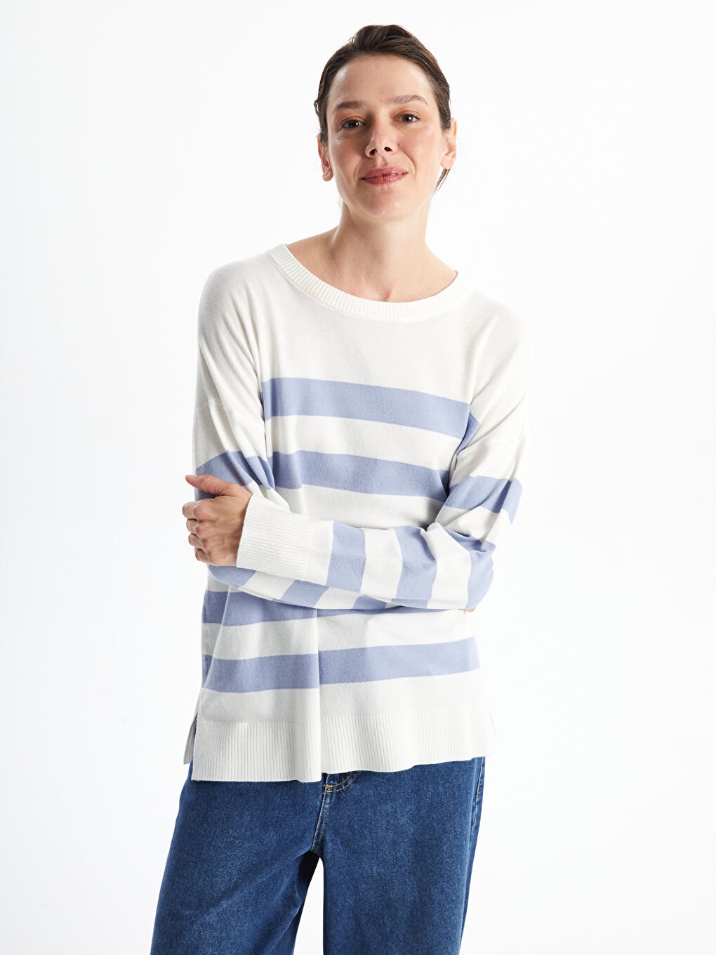 LCWAIKIKI Classic Crew Neck Striped Oversize Women's Knitwear Sweater -W4DG75Z8-GCK