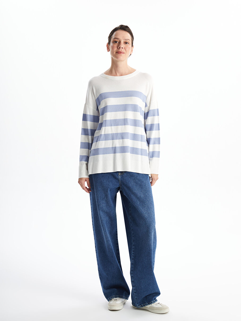 LCWAIKIKI Classic Crew Neck Striped Oversize Women's Knitwear Sweater -W4DG75Z8-GCK