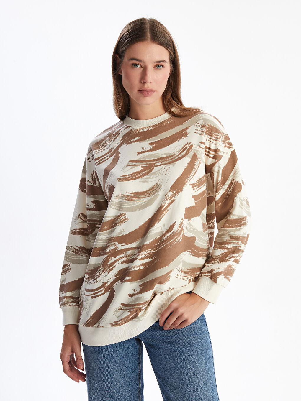 LCW Modest Bisiklet Yaka Desenli Kadın Sweatshirt Tunik -W4DG81Z8-LQY