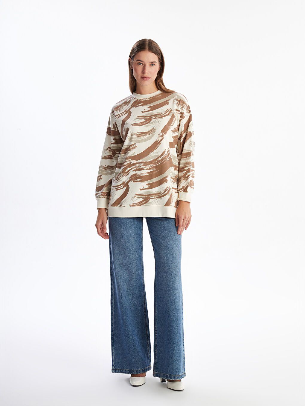 LCW Modest Bisiklet Yaka Desenli Kadın Sweatshirt Tunik -W4DG81Z8-LQY