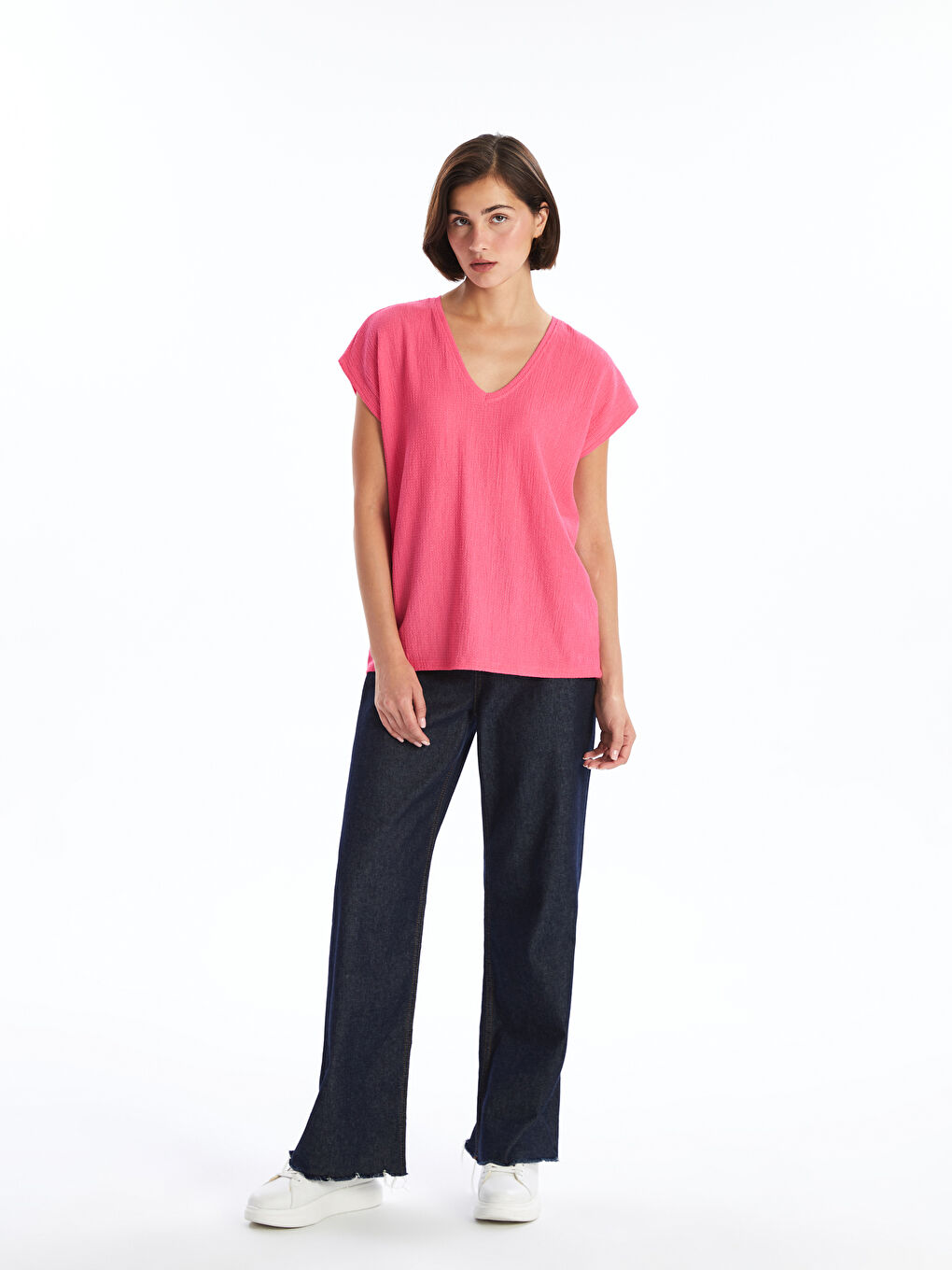 V-Neck Textured Women's T-Shirt-1