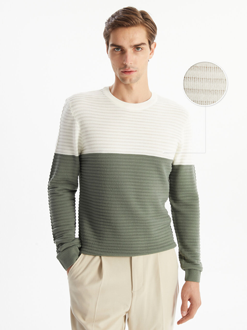 Crew Neck Long Sleeve Men's Tricot Sweater with Color Block -W4DH90Z8-SMG