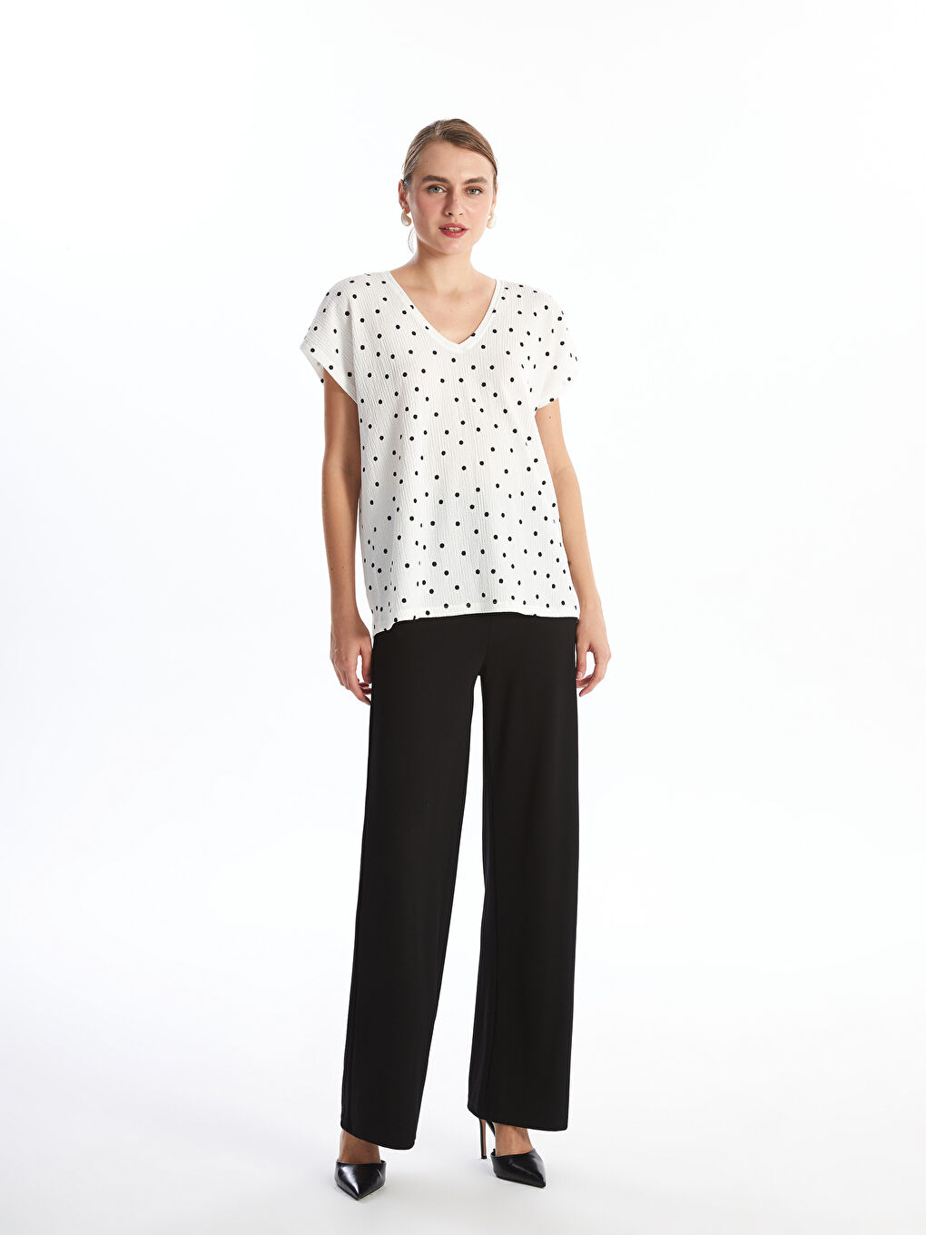 V-Neck Polka Dot Women's T-Shirt-1