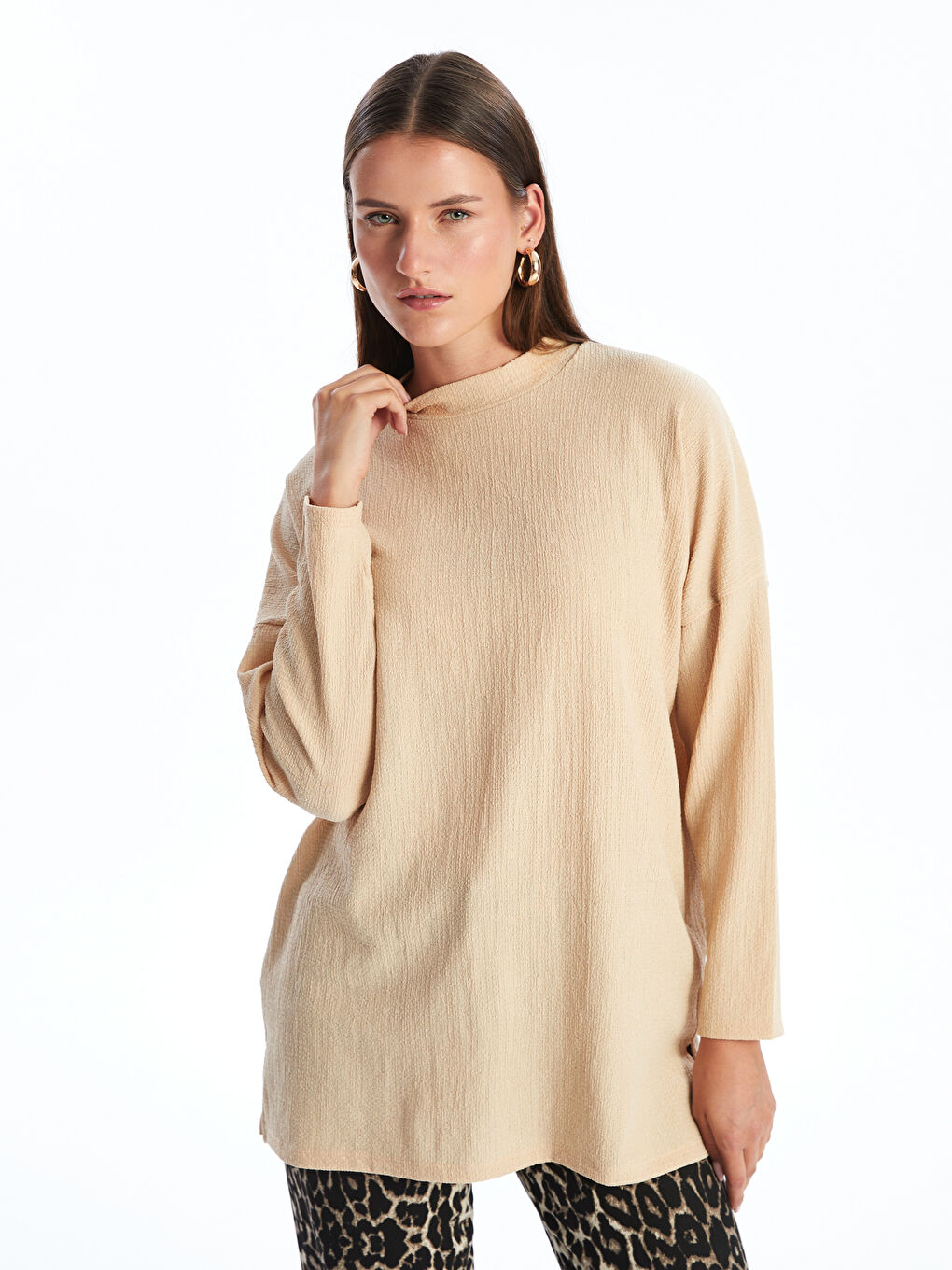 Crew Neck Textured Oversize Women's Tunic