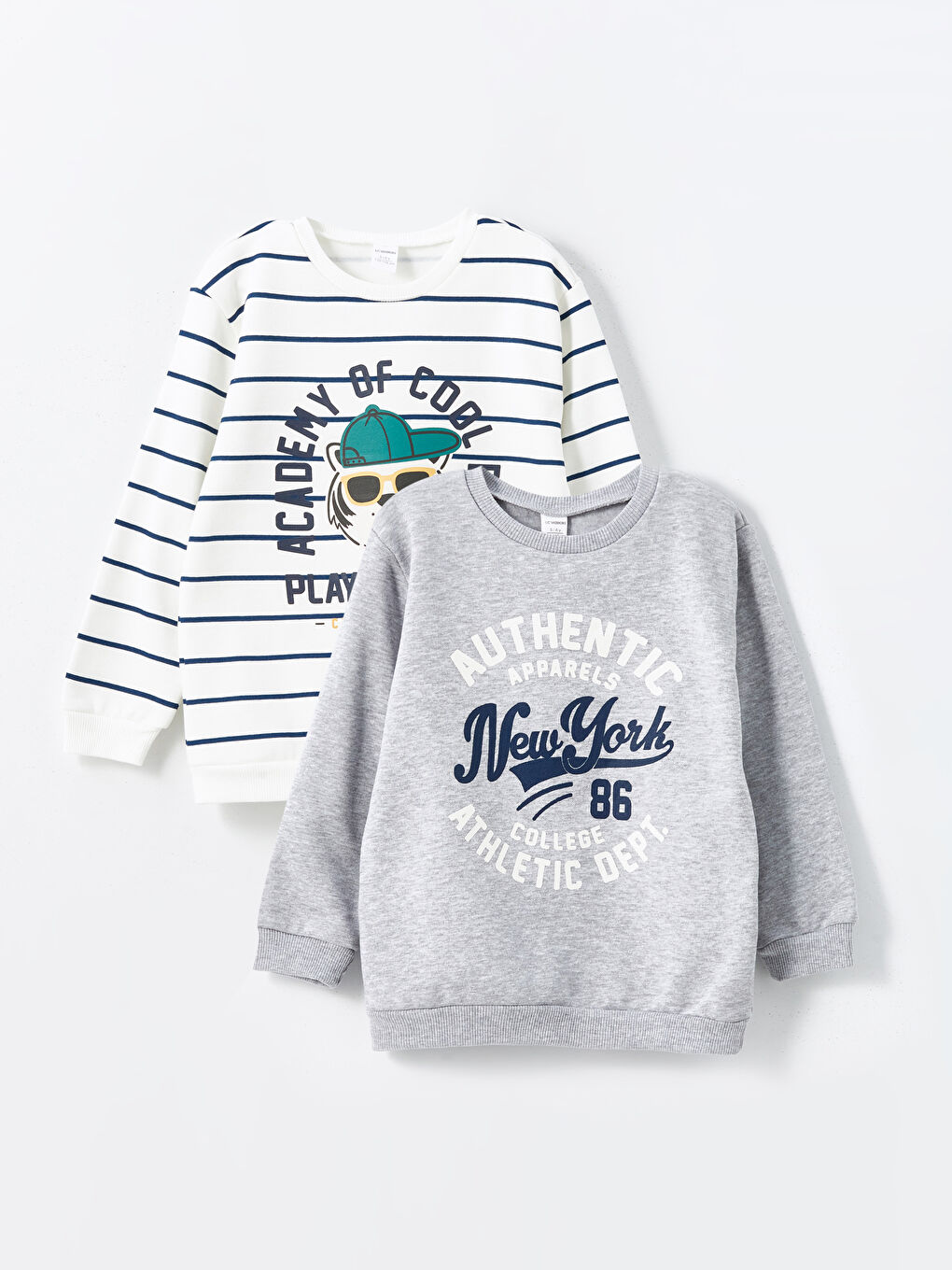 LCW Kids Açık Bej Çizgili Bisiklet Yaka Uzun Kollu Baskılı Erkek Bebek Sweatshirt 2'li