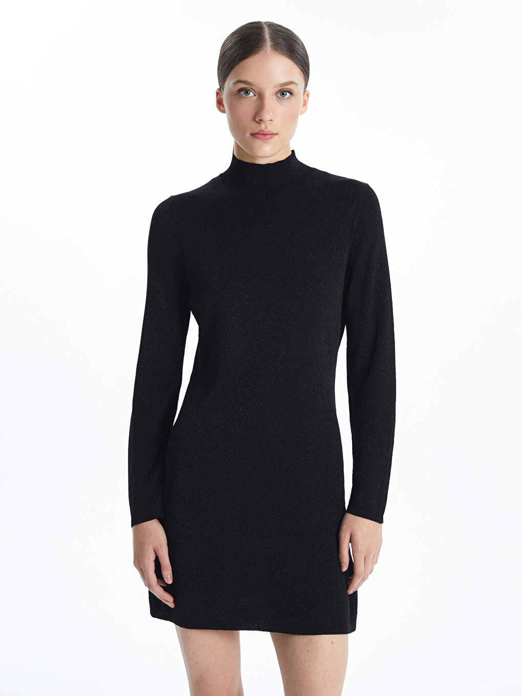 Funnel Neck Plain Long Sleeve Women's Knitwear Dress-1