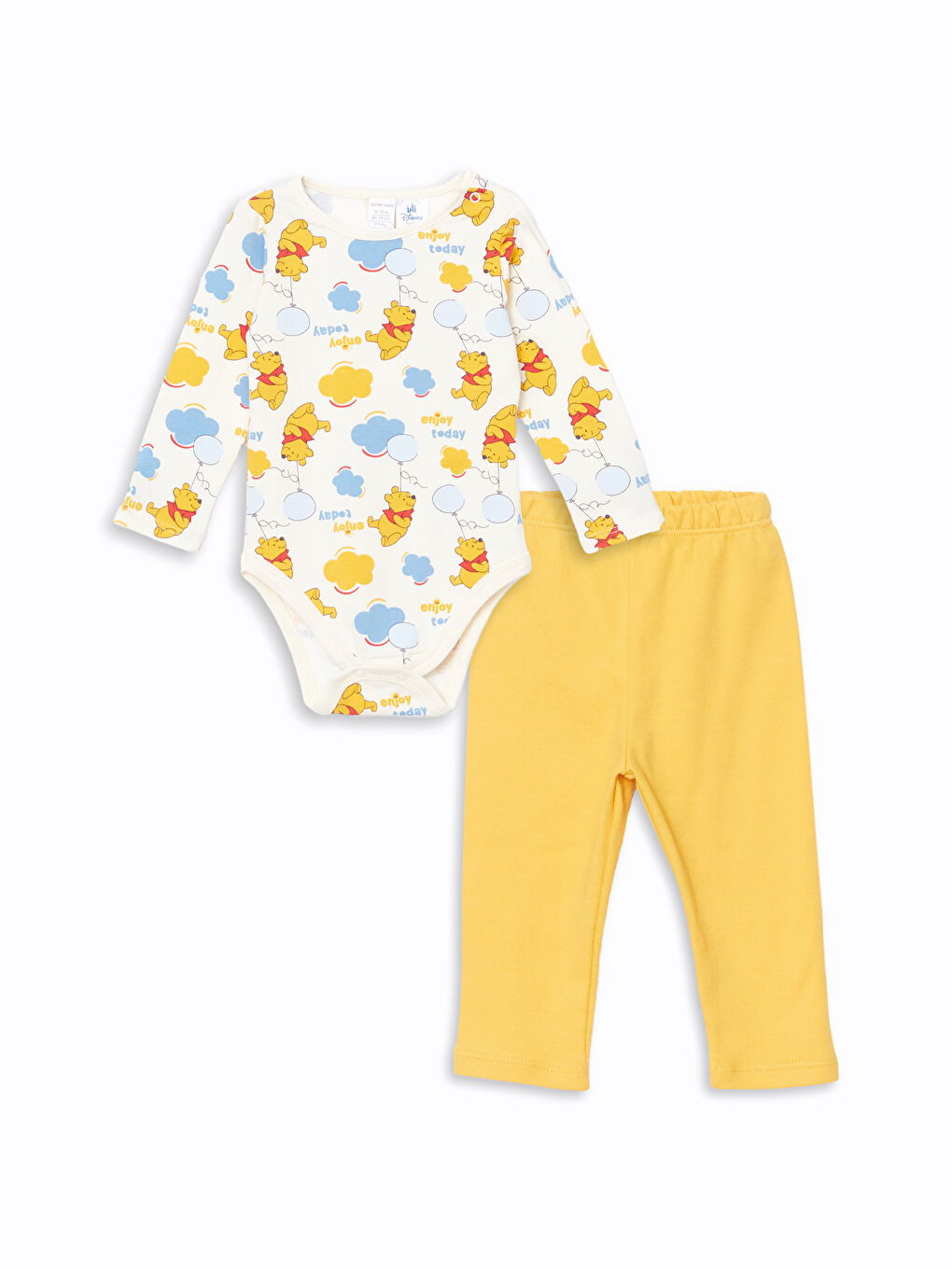 LCW baby Ekru Winnie the Pooh Baskılı Erkek Bebek Çıtçıtlı Body ve Pantolon 2'li