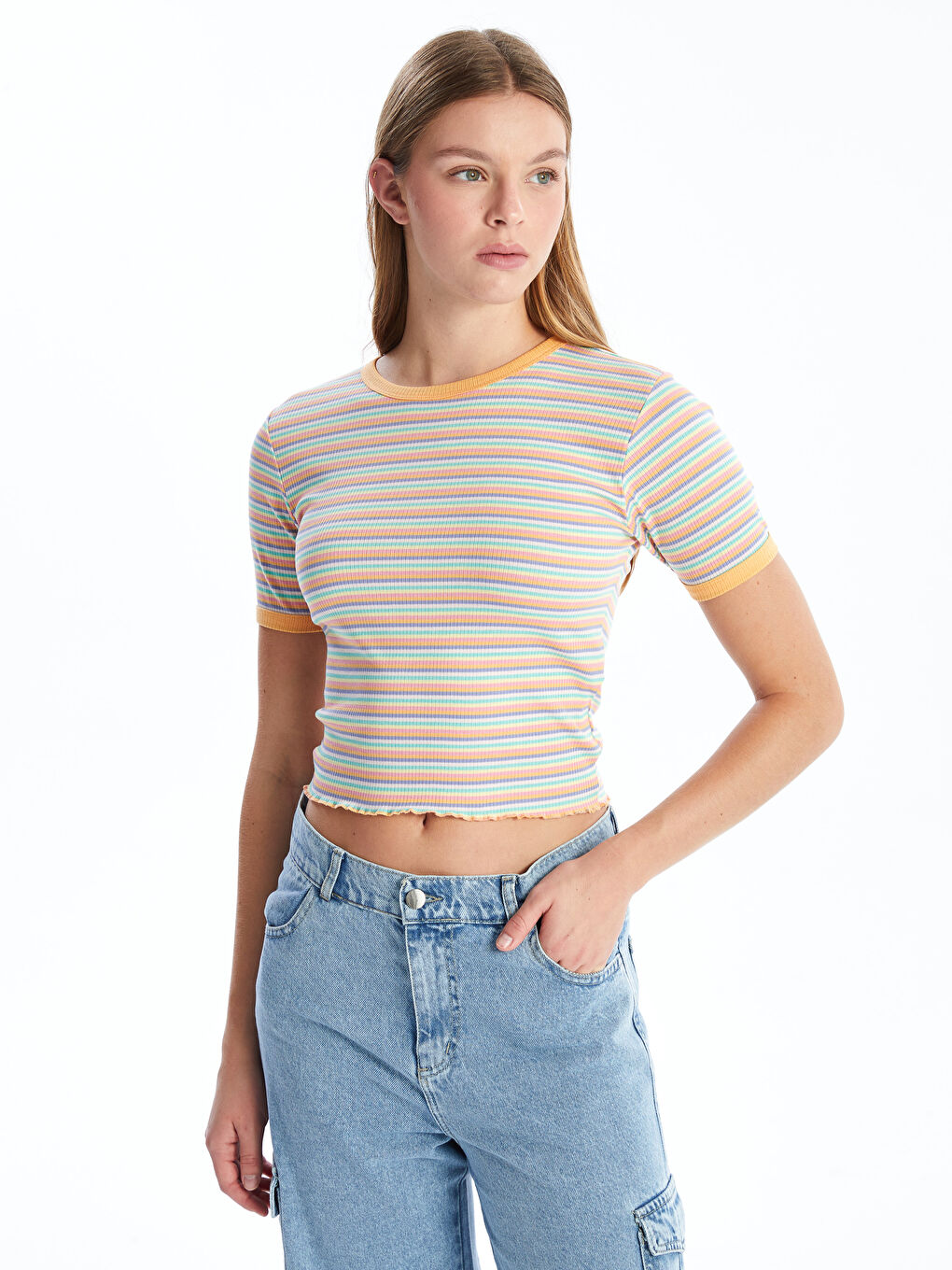 Crew Neck Striped Short Sleeve Women's T-Shirt