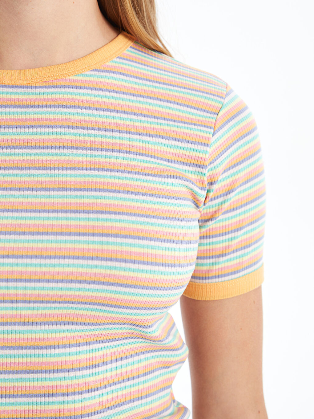 Crew Neck Striped Short Sleeve Women's T-Shirt-2