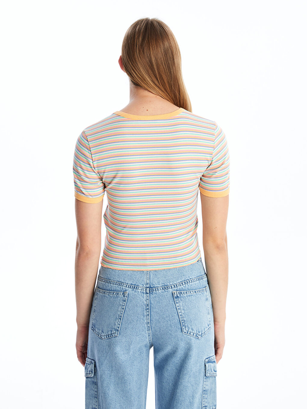 Crew Neck Striped Short Sleeve Women's T-Shirt-3