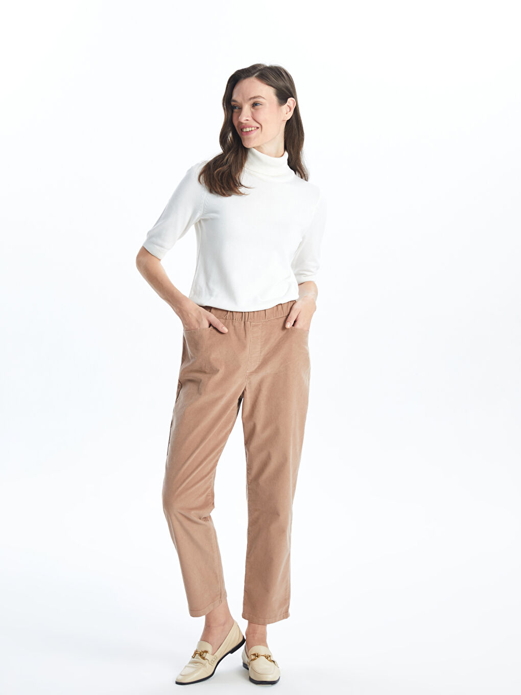 Kahverengi Beli Lastikli Kadife Kadın Pantolon