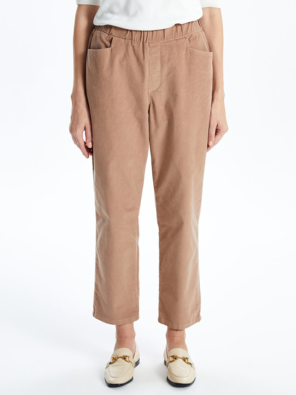 Kahverengi Beli Lastikli Kadife Kadın Pantolon-1