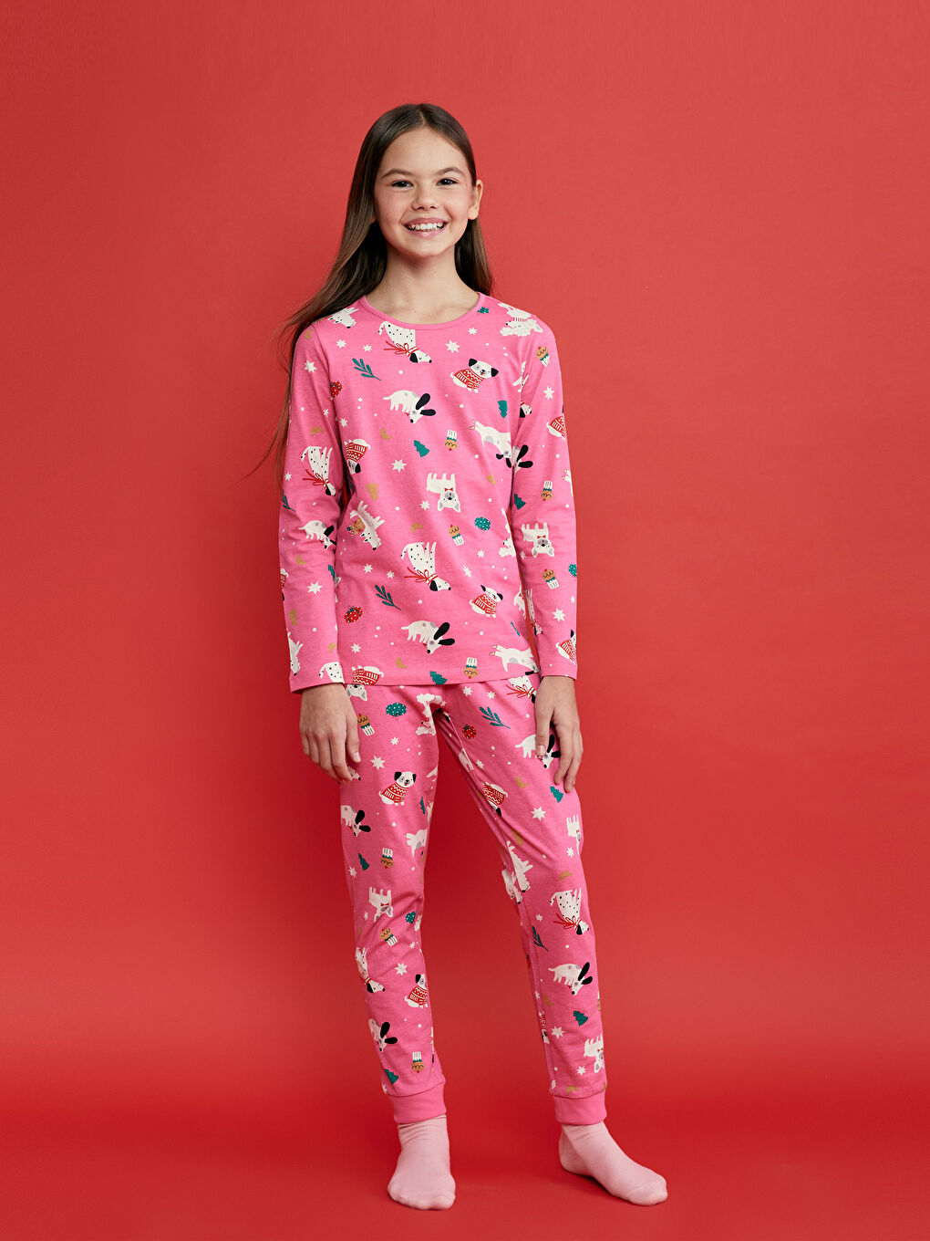 LCW Kids Pembe Bisiklet Yaka Yılbaşı Temalı Kız Çocuk Pijama Takımı - 1