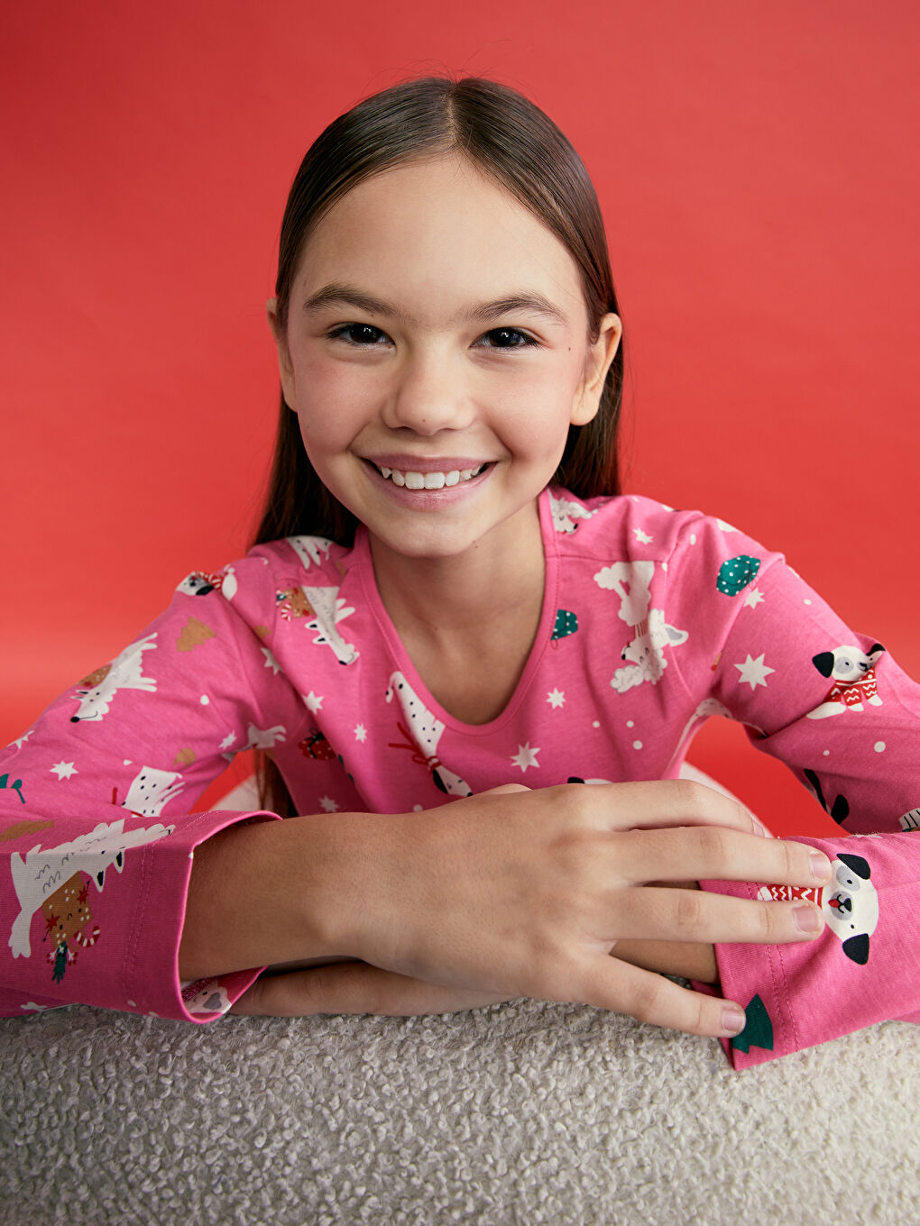 LCW Kids Pembe Bisiklet Yaka Yılbaşı Temalı Kız Çocuk Pijama Takımı - 2