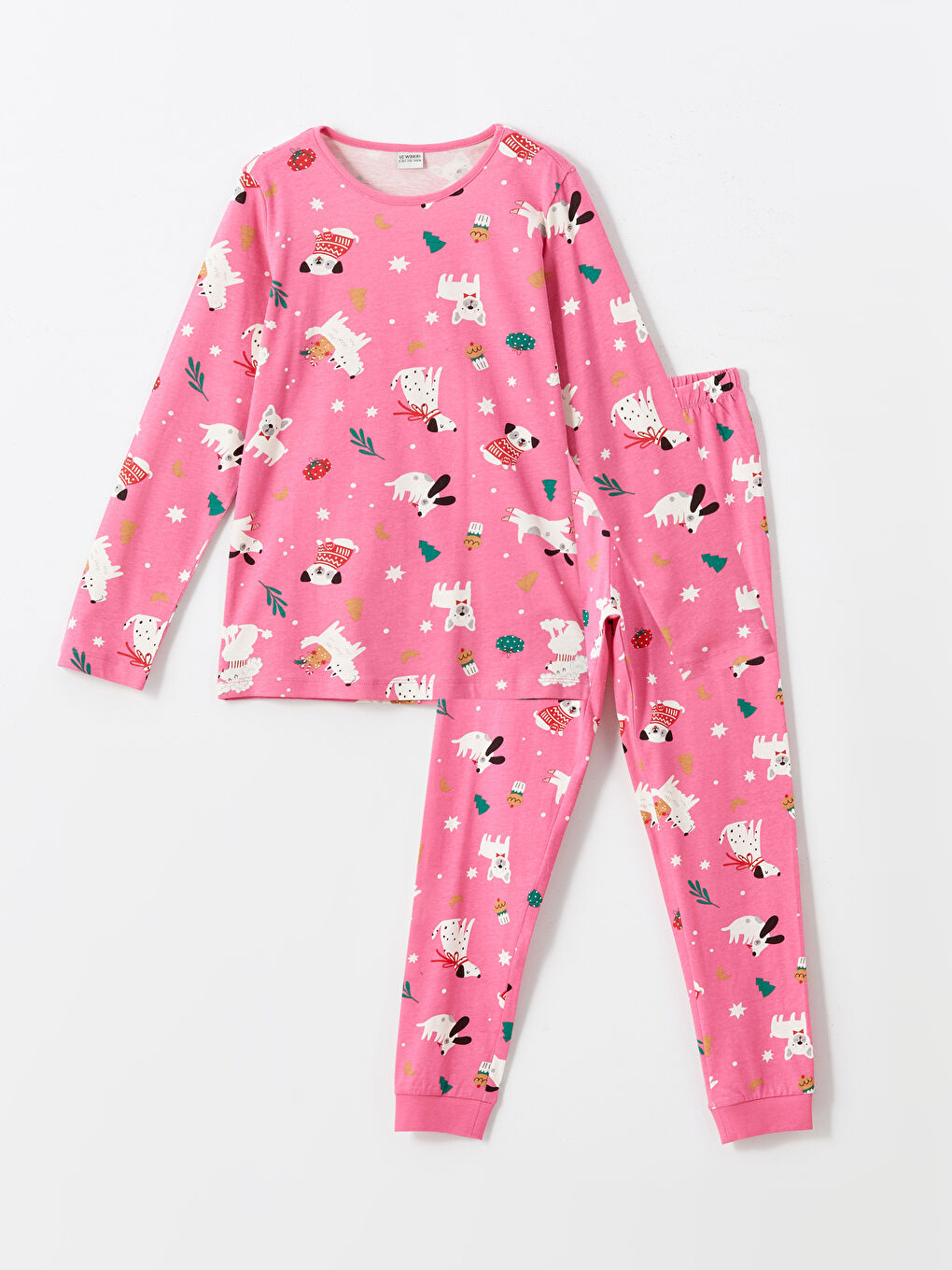 LCW Kids Pembe Bisiklet Yaka Yılbaşı Temalı Kız Çocuk Pijama Takımı - 3