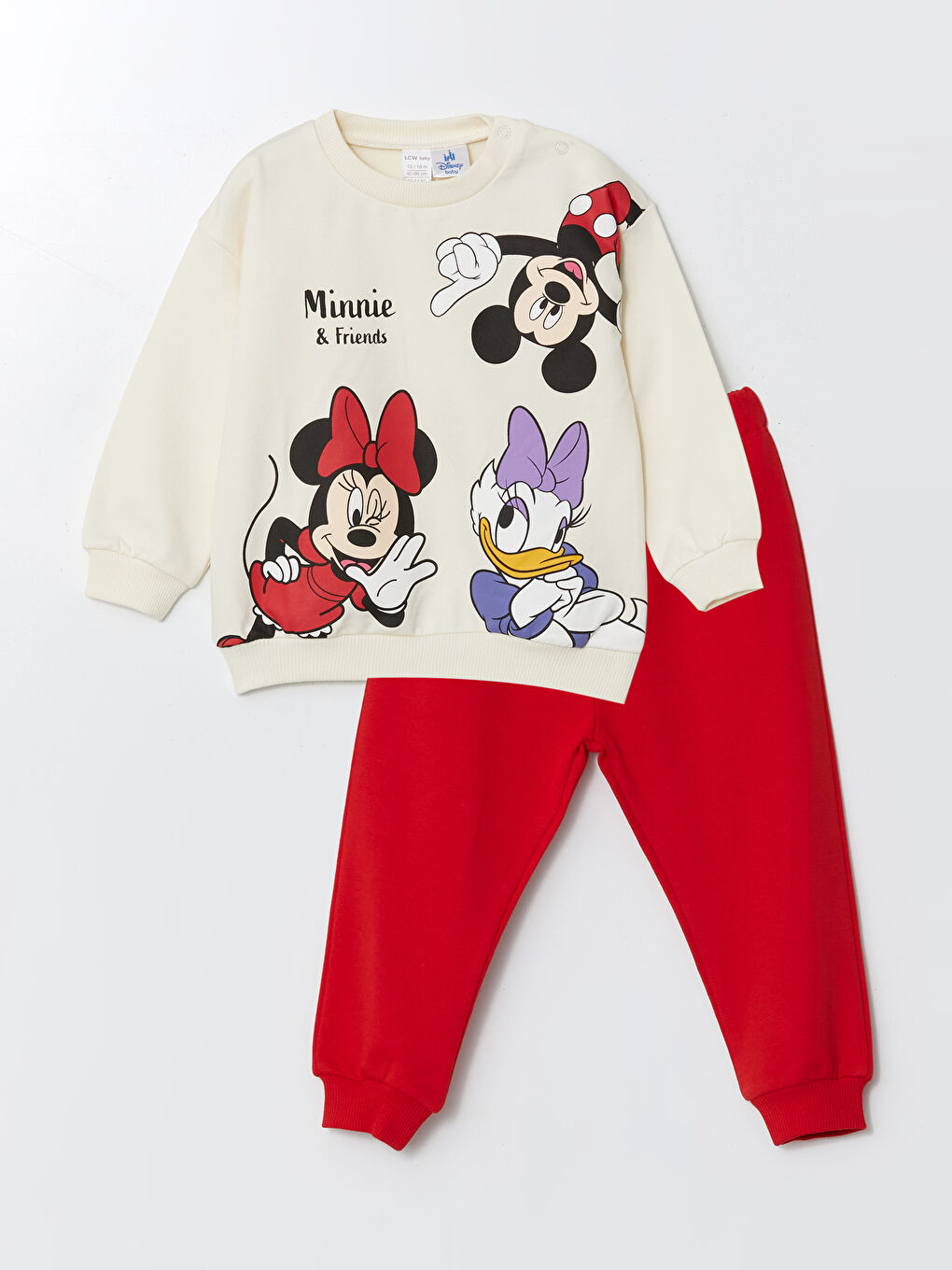 LCW baby Ekru Bisiklet Yaka Minnie Mouse Baskılı Kız Bebek Sweatshirt ve Eşofman Alt 2'li