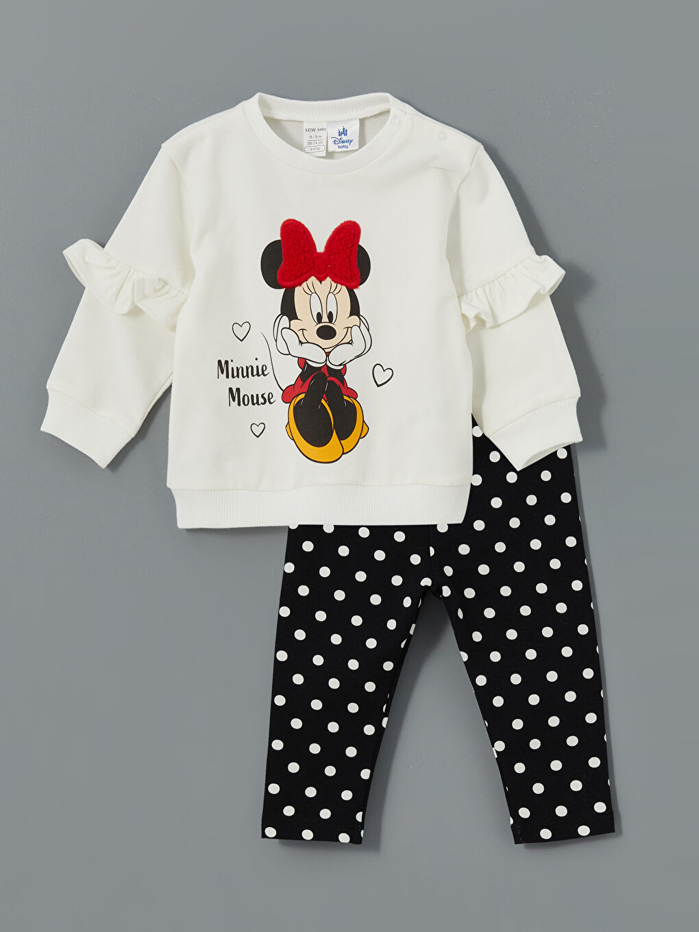 LCW baby Ekru Bisiklet Yaka Kısa Kollu Minnie Mouse Baskılı Kız Bebek Sweatshirt ve Tayt 2'li Takım