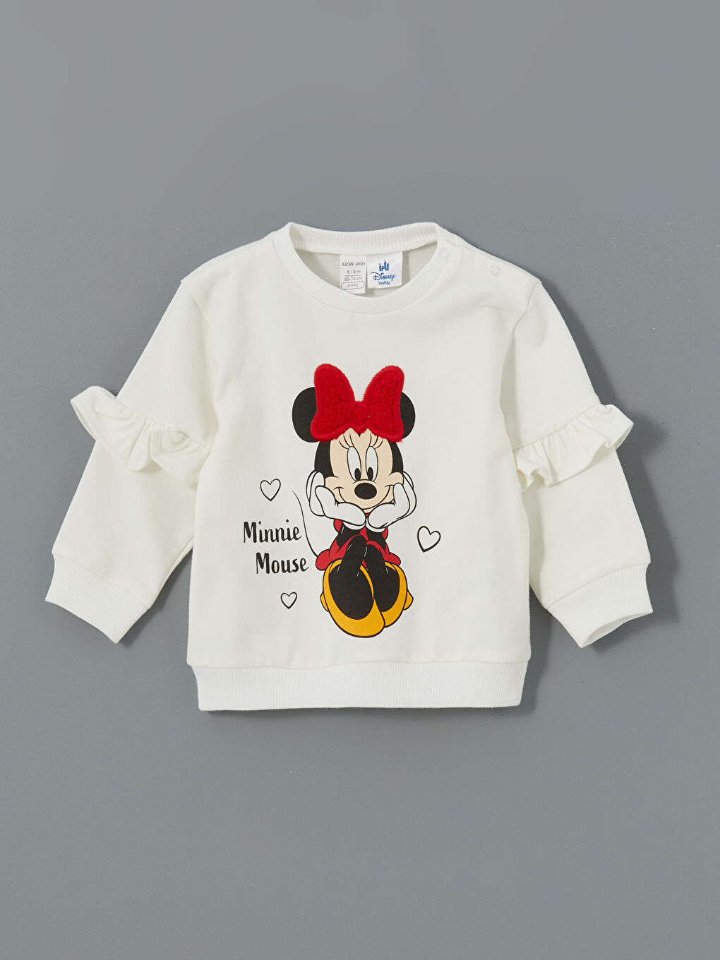 LCW baby Ekru Bisiklet Yaka Kısa Kollu Minnie Mouse Baskılı Kız Bebek Sweatshirt ve Tayt 2'li Takım - 1